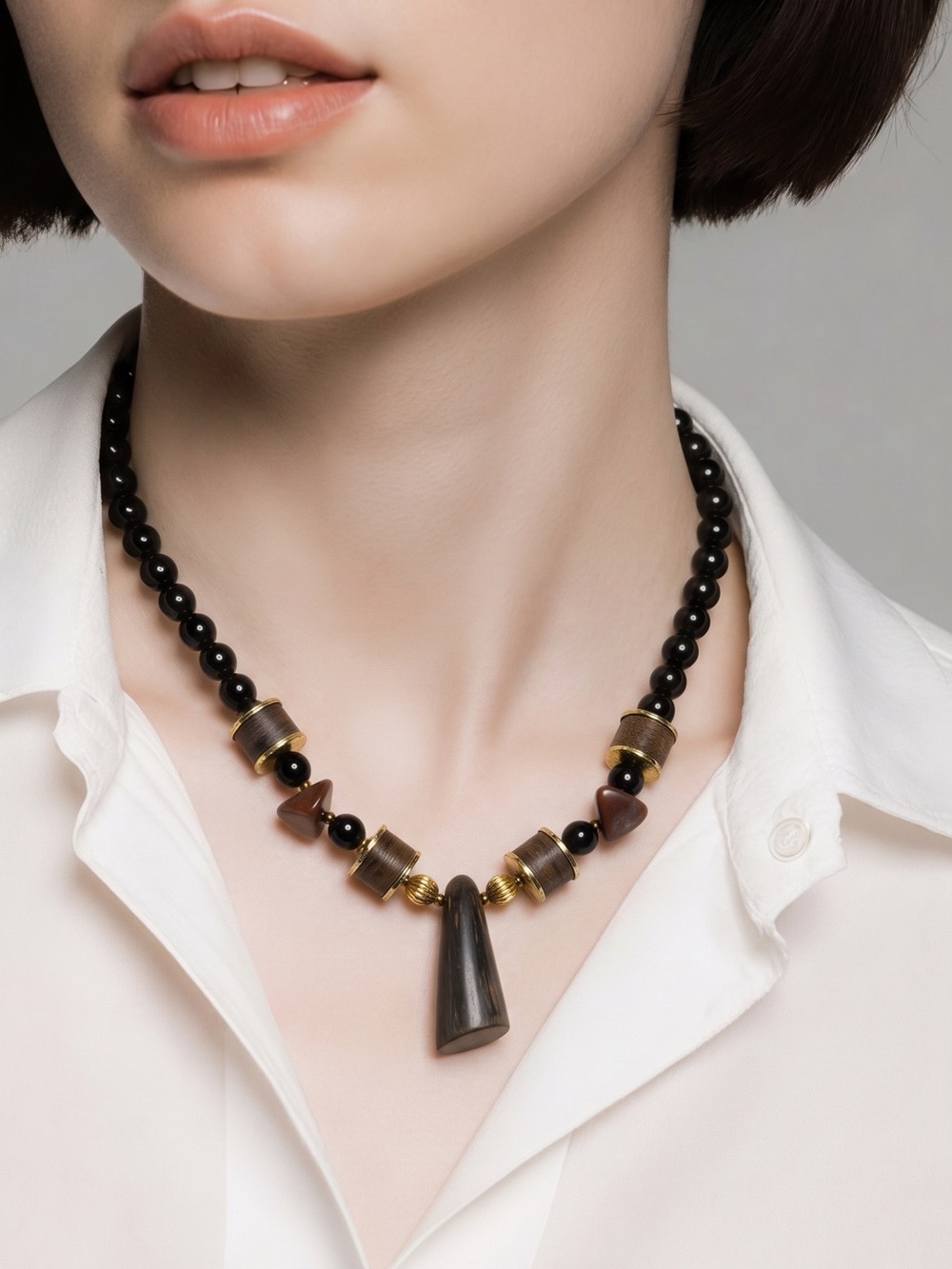 Handcrafted Wood and Faux Onyx Bead Statement Necklace Unisex 18”